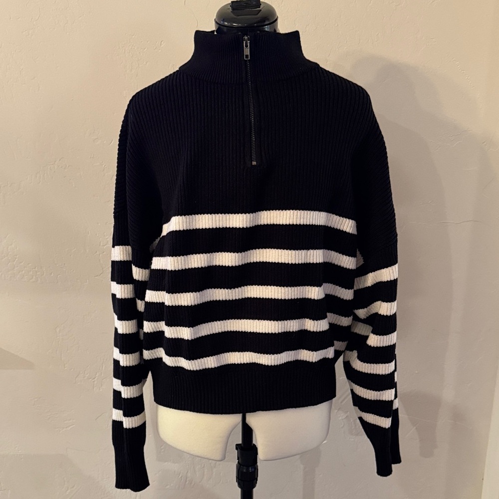 Thread & Supply Black and White Striped Half-Zip Sweater